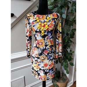 Womens Knee Length Dress S Multi Geometric Print Long Sleeve Round Neck Pullover